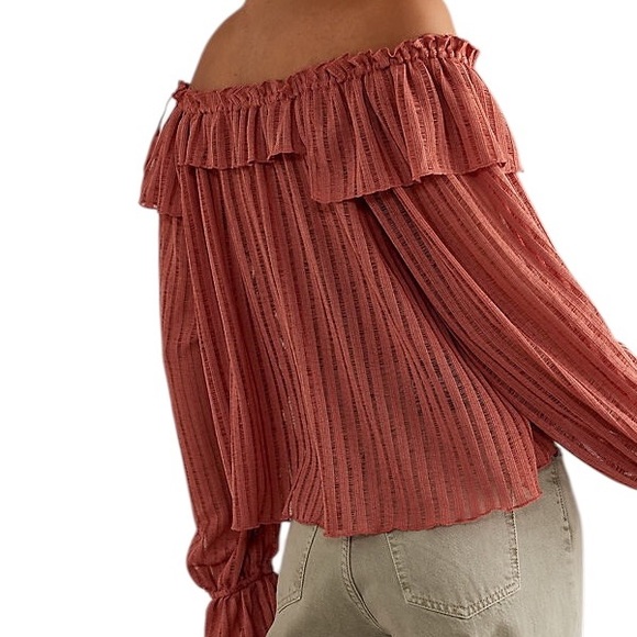 LN Anthropologie Long-Sleeve Sheer Striped Off Shoulder Cropped Top in Rose - S - Picture 4 of 16
